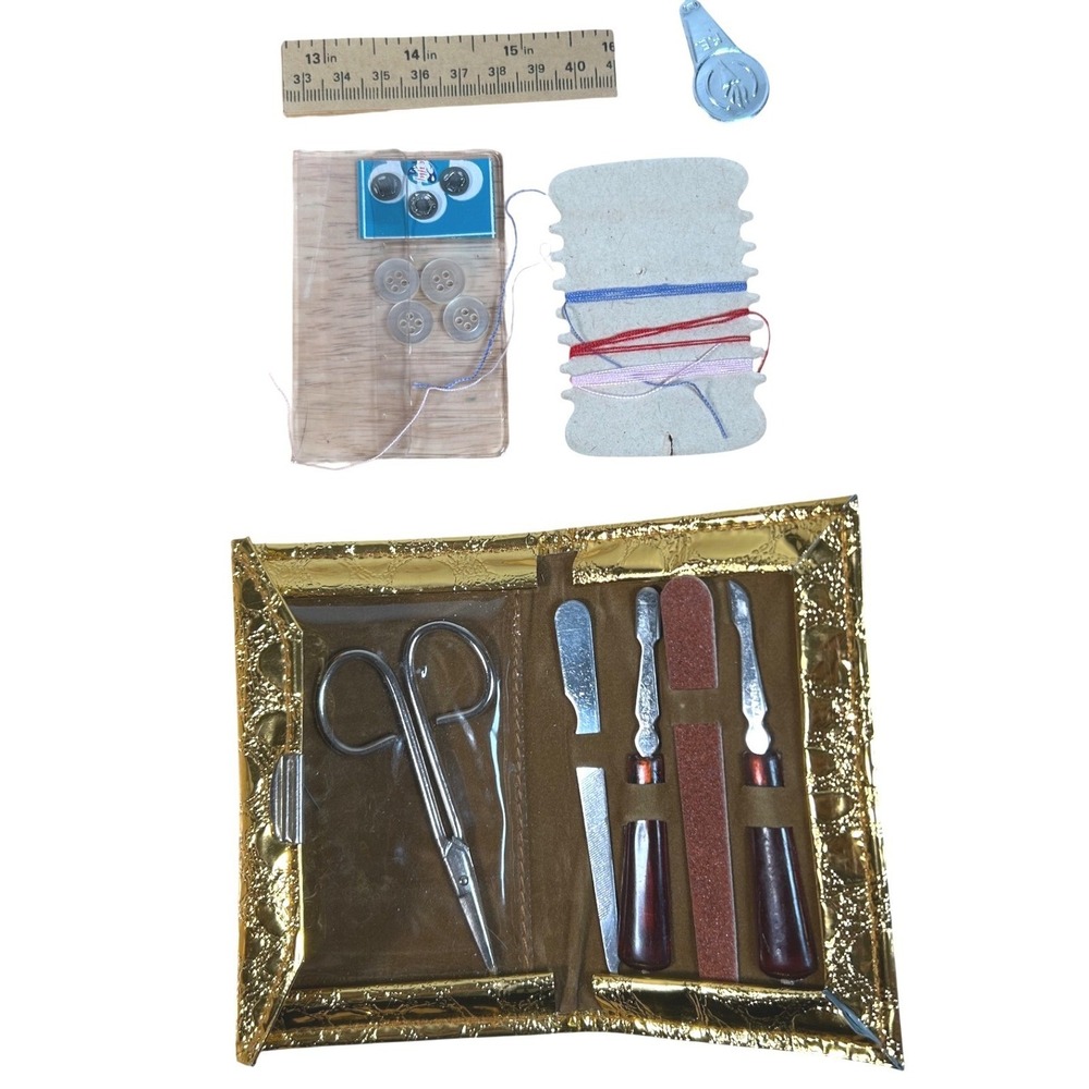 Vintage Gold Metallic Faux Croc Travel Sewing Manicure Grooming Kit Set